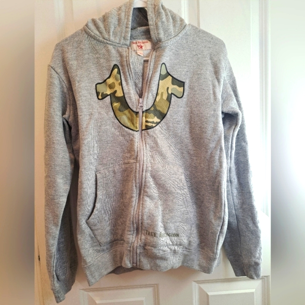 TRUE RELIGION Gray Fullzip Logo Hoodie with Camouflage Horseshoe Design UNISEX